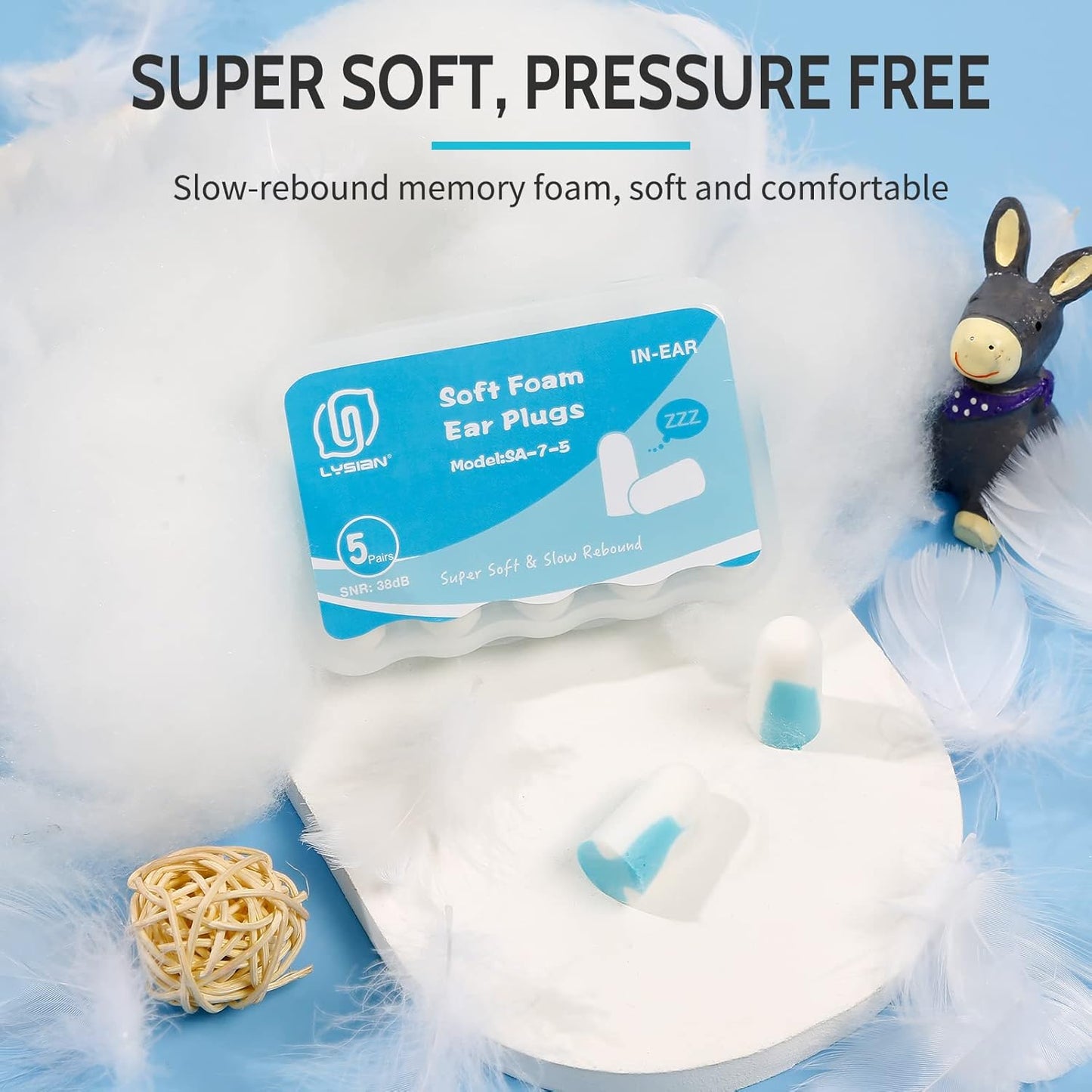 Ultra Soft Foam Earplugs 5 Pairs, 38dB SNR Ear Plugs for Sleeping, Snoring, and All Loud Events