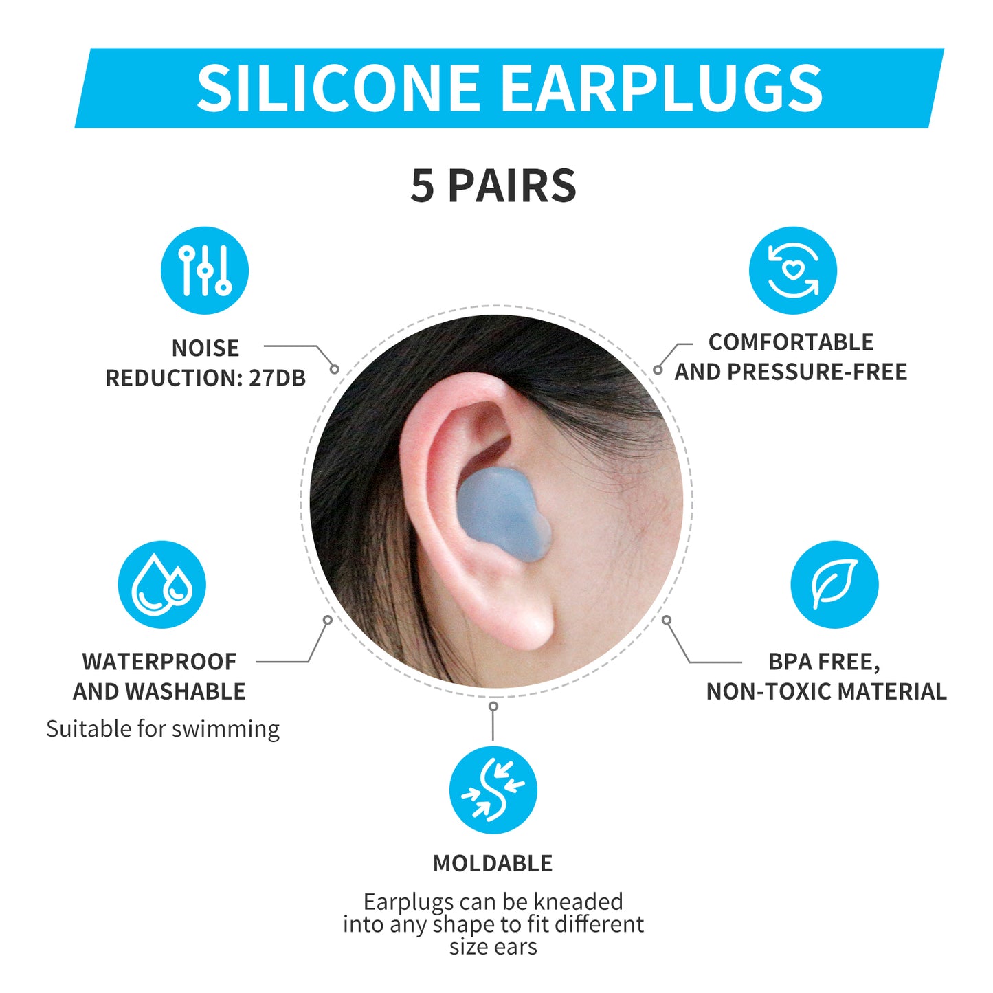 Silicone Moldable Earplugs, 27dB SNR, 5 Pairs, Ear Plugs for Swimming, Sleeping and Reading