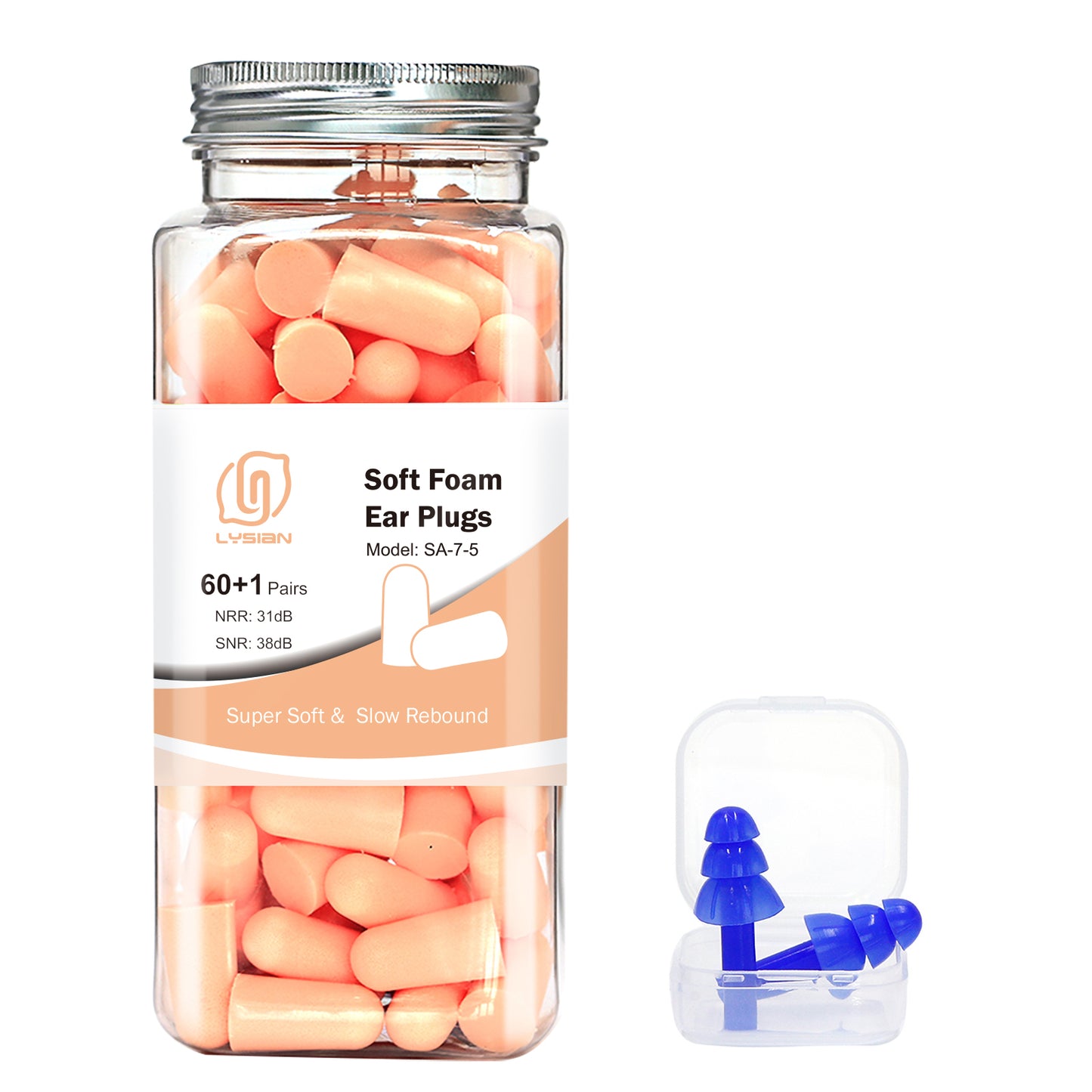 Ultra Soft Foam Earplugs 60 Pairs, 38dB SNR Noise Reduction Ear Plugs for Sleeping, Snoring, Work, Travel, Shooting and All Loud Events, Lysian